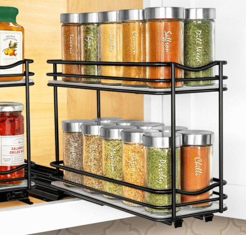 LYNK PROFESSIONAL® Pull Out Spice Rack Organizer for Inside Kitchen Cabinets – 4-3/8 inch Wide – Slide Out Drawer – Black Sliding Spice Cabinet Organization Shelf Racks – 2 Tier